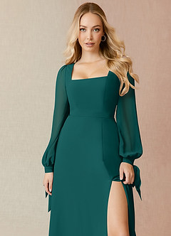Azazie Leonia Bridesmaid Dresses Peacock A-Line Long Sleeve Chiffon Dress image5