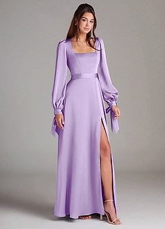 Azazie Leonia Bridesmaid Dresses Lilac A-Line Long Sleeve Stretch Satin Dress image3