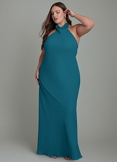 Azazie Velli Robes de demoiselle d'honneur Robe Sirène en Mousseline de soie Col haut Bleu Encre image11