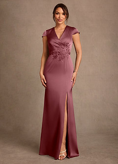 Azazie Rilda 신부의 어머니 드레스 쉬스 레이스 스트레치 새틴 플로어 길이 드레스 image1