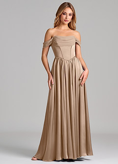 Azazie Raisa Bridesmaid Dresses Taupe A-Line Off the Shoulder Stretch Satin Dress image4