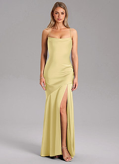 Azazie Grata Bridesmaid Dresses Lemon Sorbet Sheath Side Slit Stretch Satin Dress image3