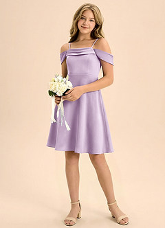 Azazie Anselie Junior Frosted Lilac A-Line Off the Shoulder Stretch Satin Dress image1