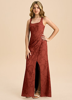 Azazie Mero Junior Jurk van Bloemen Burn-out met Kolom Geplooid Terracotta image5