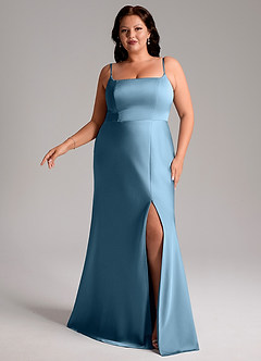 Azazie Lidia Bridesmaid Dresses Steel Blue Mermaid Side Slit Stretch Satin Dress image10