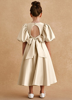 Azazie Sugarplum Flower Girl Dresses Champagne A-Line with Sleeves Matte Satin Dress image2