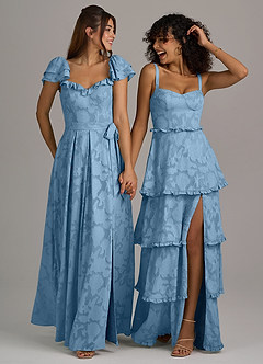 Azazie Romie Vestidos de damas de honor Vestido de Azul Acero de Devorado Floral de Corte en A con Corsé image7