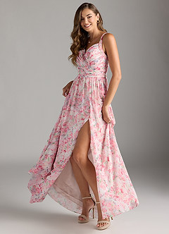 Azazie Chanel Robes de demoiselle d'honneur Robe Trapèze en Mousseline de soie Plissée Aquarelle Florale Abstraite image5