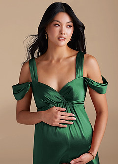 Azazie Rhea Maternity Bridesmaid Dresses A-Line Pleated Metallic Satin Floor-Length Dress image3