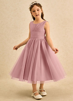 Azazie Macaron Flower Girl Dresses Dusty Rose A-Line Pleated Tulle Dress image4