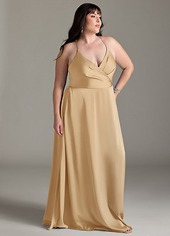 Azazie Davis Bridesmaid Dresses Gold A-Line Pleated Stretch Satin Dress image9