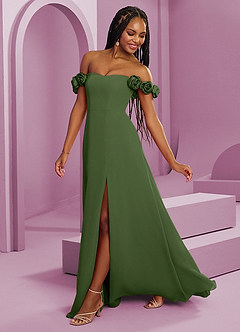 Barbie ♥ Azazie Suknie dla druhen Rozkloszowana szyfonowa sukienka z odkrytymi ramionami i kwiatowymi rozetkami image7