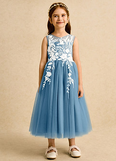 Azazie Sundae Abiti da Ragazza di Fiori Abito Principessa in Pizzo Blu Acciaio image7