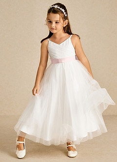 Azazie Lea vestidos de niña de las flores Vestido Rosa Rubor de Tul de Corte en A con Tirantes finos image3