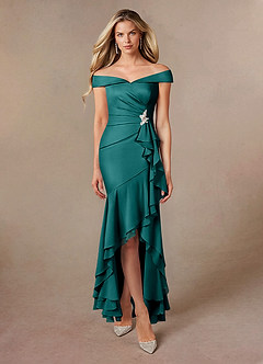 Azazie Billings Mother of the Bride Dresses Peacock Mermaid Off the Shoulder Stretch Satin Dress image5