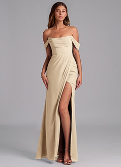 Azazie Johana Robes de demoiselle d'honneur Robe Sirène Convertible en Mousseline de soie Épaule décolletée Champagne image1