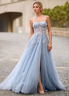 Celeste Azul Polvoriento Vestido de graduación de encaje transparente con pedrería image4