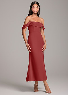 Azazie Saige Jurken voor bruidsmeisjes Converteerbaar Jurk van Chiffon met Kolom Off the Shoulder Roest image4