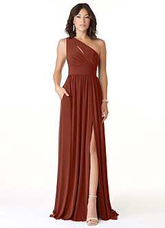 Azazie Jasna Bridesmaid Dresses Terracotta A-Line One Shoulder Luxe Knit Dress image1