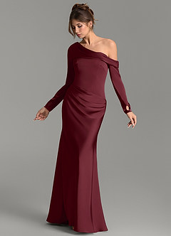 Azazie Sandra Vestidos de damas de honor Vestido Cabernet de Satén Elástico de Corte Sirena con Manga larga image3