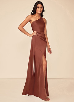 Azazie Maron Robes de demoiselle d'honneur Robe Trapèze en Satin extensible Epaule unique Auburn image3