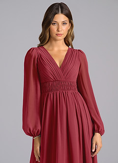 Azazie Palerma Bridesmaid Dresses Pomegranate A-Line Long Sleeve Chiffon Dress image6