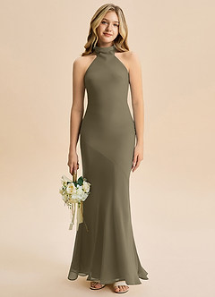 Azazie Velli Junior Syrena Wysoka Kołnierz Szyfon Długość podłogi Młodsza druhna Sukienka image1