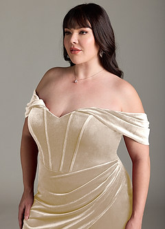 Azazie Jas Bridesmaid Dresses Champagne Sheath Off-The-Shoulder Corset Velvet Convertible Dress image15