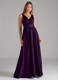 Azazie Kora Bridesmaid Dresses Grape A-Line Pleated Stretch Satin Dress image1