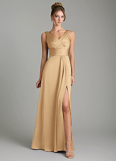 Azazie Karina Bridesmaid Dresses Gold A-Line Pleated Stretch Satin Dress image6