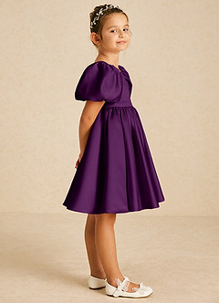 Azazie Muffin Flower Girl Dresses Grape A-Line with Sleeves Matte Satin Dress image3