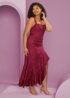 Barbie ♥ Azazie Vestidos de damas de honor Vestido de Borgoña de Devorado Floral de Corte Recto con Corte Lateral image7