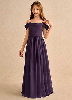 Azazie Shia Girls Formal Robe Demoiselle D'honneur Fillette Robe Trapèze en Mousseline de soie Épaule décolletée Prune image3