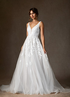 Azazie Sorella Wedding Dresses Diamond White A-Line V-Neck Sequins Tulle Dress image7