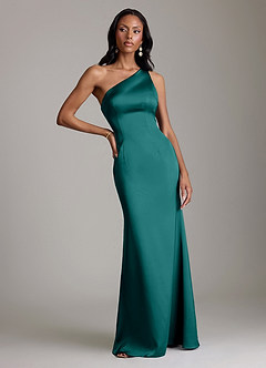 Azazie Voni Bridesmaid Dresses Peacock Mermaid One Shoulder Stretch Satin Dress image5