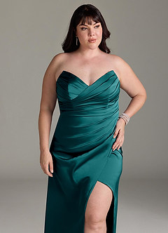 Azazie Yola Vestidos de damas de honor Vestido de Pavo Real de Satén Elástico de Corte Recto Convertible con Cuello en V Plisado image13
