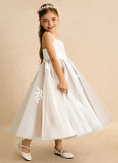 Azazie Coraline Jurken voor bloemenmeisjes A-Lijn Jurk van Kant Ivoor Wit Albast image5