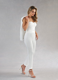 Azazie Tiffany At-home Try On Dresses Diamond White Pant Styles Lace Stretch Crepe Dress image4