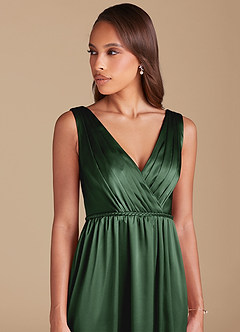 Azazie Tanicia Bridesmaid Dresses Eucalyptus A-Line Pleated Metallic Satin Dress image2