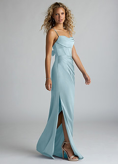 Azazie Mai Bridesmaid Dresses Moody Blue Sheath Pleated Stretch Satin Dress image4