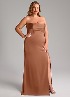 Azazie Saige Jurken voor bruidsmeisjes Jurk van Stretch Satijn met Kolom Off the Shoulder Bronzeertint image17