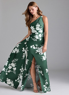 Azazie Maron Bridesmaid Dresses Green Botanicals A-Line One Shoulder Stretch Satin Dress image3