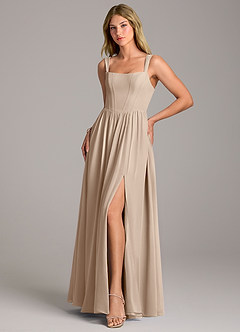 Azazie Rosaline Bridesmaid Dresses Taupe A-Line Side Slit Chiffon Dress image3