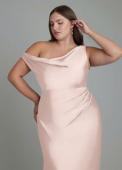 Azazie Emerson Bridesmaid Dresses Blushing Pink Mermaid Off the Shoulder Stretch Satin Dress image12