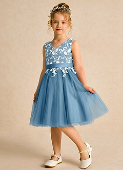 Azazie Butterfly Flower Girl Dresses Steel Blue A-Line Lace Dress image4