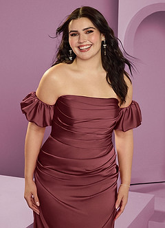 Barbie ♥ Azazie Bridesmaid Dresses Merlot Sheath Off the Shoulder Stretch Satin Convertible Dress image15