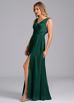 Azazie Karina Bridesmaid Dresses Emerald A-Line Pleated Stretch Satin Dress image3