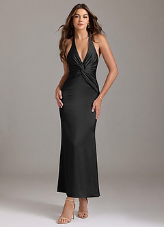 Azazie Valerie Vestidos de damas de honor Vestido de Negro de Satén Elástico de Corte Sirena con Plisado image1