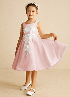 Azazie Kata Flower Girl Dresses Blushing Pink A-Line Lace Matte Satin Dress image4