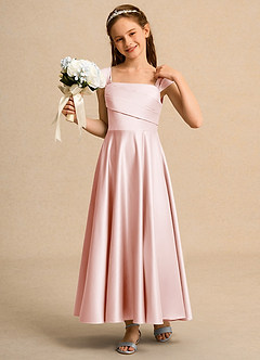 Azazie Bundle Girls Formal Flower Girl Dresses Blushing Pink A-Line Pleated Matte Satin Dress image4